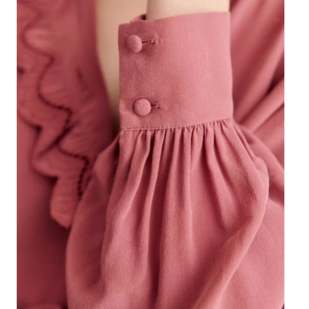 Sezane Chlo Silk Shirt Blouse Rosewood Pink Classic French Top Lace - Picture 5 of 12